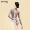 Stage Draag Women Ballet -mueeltjes Hoge nek Knop Gym Dance Velvet Patchwork volwassen Ballerina Lange mouw Dancing Bodysuit -kostuum