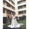 Long 2021 Neck Simple Jewel Sleeves Dresses A Line Custom Made Plus Size Sweep Train Satin Wedding Bridal Gown Vestido De Novia