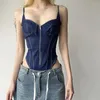 Kläder för kvinnor mode retro skarv sexig grimma backless låg bröstkorg Slim blå denim bodysuits toppar 240420