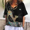 T-shirt pour femmes T-shirt 3d mignon chat imprime en V V top été nouveau kawaii animal court coucher mode lâche taille femme topl2405