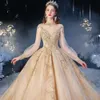 Ball Long High Wedding Neck Luxurious Dresses Sleeves Backless Shining Beaded Applicant Tulle Stain Layered Chapel Gown Custom Made Vestidos De Novia