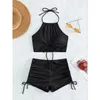 Swimwear féminin 2024 Summer Black Swimsuits Shorts High Neck Bikini Sets Female Sports Beach Portez des maillots de bain deux pièces Piscine