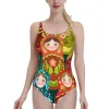 スーツマトリオシュカ人形パターンフリルワンピース水着女性水着を押し上げるモノキニセクシーなプリント入浴スーツマトリオシュカ人形