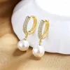 Hoop Earrings OL Style Female Round Simulated Pearl For Women Silver Gold Color White Zircon Bead Engagement Birthday Jewelry CZ