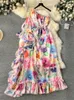 Robes décontractées Singreiny Ruffles Floral Print Vacation Robe Femme Off épaule Manches longues Haute Qaulity Lady Beach Maxi