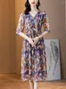 Feestjurken 2024 Paarse bloemen Zijde Ruffed V-Neck Sexy Midi Dress Summer Fashion Light Causal Beach Women Korean Elegant Bodycon Robe