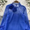 Kvinnor Bluses 3D Flower Chiffon Blue Ruffles Collar Long Sheer Sheer med foder Ladies France Vintage Senior Elegant Ol Tops