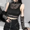 Frauen Tanks Goth Skull Fishnet Mall Gothic Women Tanktops Grunge-ästhetische Punk Schwarze Crop Top mit Handschuh E-Mädchen Emo Alternative Westen