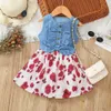 Girl's Dresses Middle and small childrens new summer girl denim patchwork printed vest dressL2405