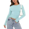 Women's T-Shirt Pink long sleeved T-shirt for womens 2024 summer cute white crop top womens shoulder strap sexy slim fit O-neck basic T-shirt Y2k topL2405