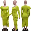 Robes décontractées prowow femme élégante robe maxi couleur green carré collier de soirée soirée d'anniversaire usure 2024 Ruffle à manches longues