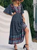 Partykleider Women Boho Retro Print Long Kleid Kurzarm V-Ausschnitt High Taille Summer Beach Urlaub Sundress ethnischer Stil Vestido
