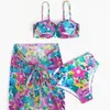 Frauen Badebekleidung 2024 Blumenmädchen elegant anmutiger schlagender Badeanzug sexy Print Mesh Gaze Rock Bikini dreiteiliger Anzug