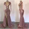 Halsabend Rose V Kleider Gold Deep Pailla Crystal Side Split sexy Meerjungfrau Prom Kleid Party Tragen Sie echte Bilder formelle OCN -Kleider