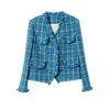 Vintage Blue Tweed Jacket Designer feminino Clothing Autumn Winter Coat Blazer Office Lady Korean Chic Botões Fringe Botões de luxo 240506