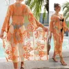 Couvre-bikini sexy se maillot de bain en dentelle transparente 2024 Couverture de femmes Kimono Long Beach Robe Summer Beachwear Boho Bathing Full