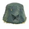 Chapeaux à bord large brodé Butterfly Poisherman Hat Fashion Retro Style Rendre Old Denim Sun Sund Screen Burr Brimd Basin Basin Extérieur