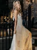 Boho długie A-line szyfonowe suknie ślubne plażowe suknie ślubne Strapy spaghetti Applique zamek błyskawiczny
