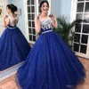 Lace Blue White Prom koninklijke jurken Sparkly pailletten kralen vloer lengte schep nek avond baljurk quinceanera verjaardagsfeestje formele slijtage