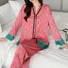 Dampyjamas Spring Autumn Faux Silk Pyjama Ställer in långärmad Cardigan Sleepwear Luxury Womens Pijamas Fashion Pajamas 240428
