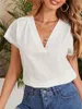 Women's Blouses Cotton Linen Blouse 2024 Summer V Neck Short Sleeve Women Solid Color Casual Office Loose White Blue Tops Blusas Mujer