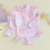 Swimwear Baby Girl Swimsuits Summer Ruffle Floral Print Long Sleeves Zipper Jumpsuit Beachwear for Toddler Bathing Suits