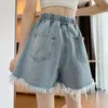 Koreaanse eenvoud Hoge taille wijd been denim shorts mode dames kleding zomer vrouwelijk allmatch los drawstring 240429