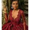 Quinceanera boncuklu elbiseler kırmızı koyu kristaller tül derin v boyun özel yapımı tatlı 16 doğum günü balo prenses pageant balyası uzun kollu vestidos estidos