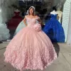 Quinceanera Blumenrosa 3D -Kleider Spitze mit applischer Perlen Tüll Swee -Zugriemen Falten Süß 15 16 Geburtstagskleid Kleid MADE MADEN T T.