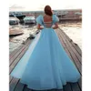 Jurken 2021 Sky Blue Prom Overskirt Tule Backless Sparkly Paillins Korte mouwen op maat gemaakte formele avondfeestjurk beroemdheid Vestidos