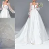 Long Gorgeous Sleeves Neck Gowns Square Bridal Lace Applique Elegant Wedding Dresses Ruched Satin Sweep Train Princess Vestido De Noiva