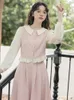Arbeitskleider Herbst Kleidung Pink Sweet Set Women's Puppenhals süße Spitzenhemd -Hemd -Top -Rockanzug Damen französische elegante Stilsets