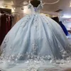 Vestidos curtos azuis Mangas leves quinceanera com apliques florais 3D Tulle Sweet Sweet 16 Aniversário Princess Party Ball vestidos