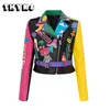 Autumn Winter Womens PU Leather Jacket Belt Slim Lapel Short Coat Fashion Color Graffiti High Street Motorcycle Blazer 240423