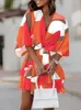 Elegant Floral Print Dress For Women Autumn VNeck Bat Sleeves Pleated Mini Bohemian Streetwear Fashion Female Clothing 240418