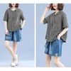 Frauenblusen Sommer Casual Pullover Tops Stylish Plaid Print V-Ausschnitt T-Shirt mit Tasche Lose Fit Short Sleeve für Streetwear