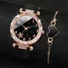 Orologi da polso 2pcs/set di lusso di fiore di strass di lussuoso orologio da donna per braccialette set di cuoio femmina di orologio da quarzo in pelle femmina