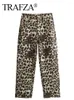 Calça feminina trafza feminino moda leopard leopard perna larga perna larga vintage alta cintura zíper calça primavera chique feminina streetwear