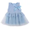 Kleider Baby Girls Prinzessin Kleid ärmellose Spitzenkleid Häkelkinder mit Bogengürtel Party Geschenkkleider Sommerkinder Kinder Kleidung