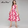 Lässige Kleider Moaayina Fashion Runway Kleid Sommer Frauen Kristall O-Neck ärmellose hohe Taille schlanke Party Blumendruck Kniebild Länge