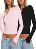 Women's T-Shirt Pink long sleeved T-shirt for womens 2024 summer cute white crop top womens shoulder strap sexy slim fit O-neck basic T-shirt Y2k topL2405