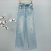 Women's Jeans Love Embroidered Mop For Women Spring And Summer Long Pants 2024 High Waist Loose Rhinestone Wide Leg