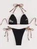 Women's Swimwear Sexy Black Bikini 2024 Women Halter Metal Ring Link Push Up Tie Side Thong Swimsuit Brazilian Beach Bathing Suit Micro