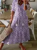 Elegant boho blommig tryck strand långa klänningar för kvinnor mode rufflesvneck kort ärm avslappnad söt lös maxi klänning 240418