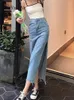 Signe Beiyingni 2024 Summer Summer Sump Donne French Sexy Slip Long Midi High Bodycon Ladies Blue Casual Jupe Jupe