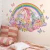 Naklejki Rainbow Pinkorn Neicorn Flower Wall Sticker salon Baby dziewczyna sypialnia Dziewczyna Dziewczyna Tapeta jednorożca naklejka ścienna dla dzieci pokój