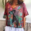 女性用TシャツレディースTシャツ3DかわいいキャットプリントVネックトップサマーニューカワイイアニマルショートスリープファッションルーズサイズ女性TOPL2405