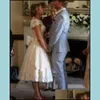 Dresses Vintage Sleeves Wedding Short Bridal Gown With Lace Applique Sash Ribbon Tea Length Scalloped Neckline Plus Size Vestido De Novia Custom Made
