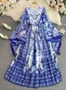 Vestido maxi feminino manga de batwing azul e branca porcelana impressão boêmia férias designer de moda vestidos de verão FALDAS 240422