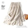 Jupes Volalo Chic Broiderie lin Coton Long Femmes Été élastique haute taille plissée maxi jupe femelle élégante